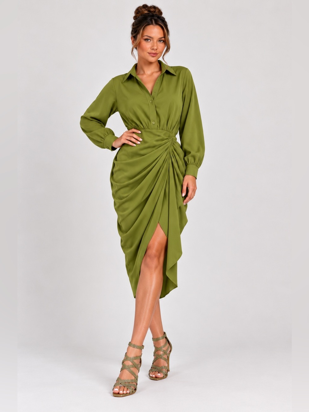 NWT PrettyLittleThing Olive
Balloon Sleeve Gathered Skirt Midi
Shirt Dress Sz 8
